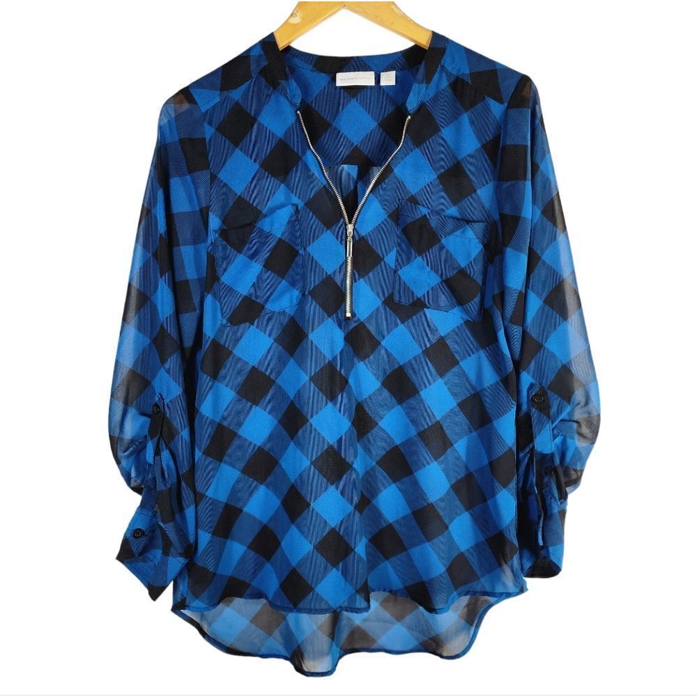 New York & Company Plaid Semi Sheer Pullover Blouse Medium